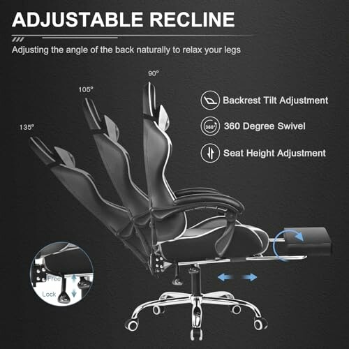 Illustration of an office chair with adjustable recline, swivel, and seat height features.