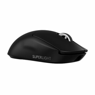 Black gaming mouse, side view, with 'Superlight' label.