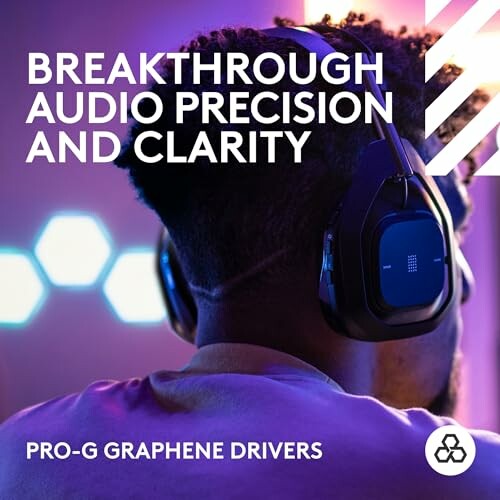 Person wearing headphones with text about audio precision and clarity.