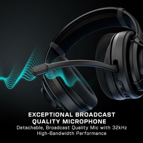 Headset with detachable broadcast quality microphone and sound wave graphic.