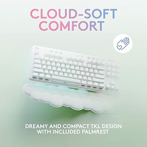 White keyboard with palm rest, labeled 'Cloud-Soft Comfort'.