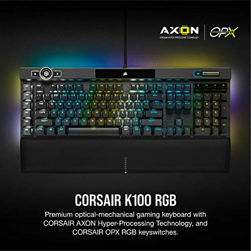 Corsair K100 RGB gaming keyboard with RGB lighting and wrist rest