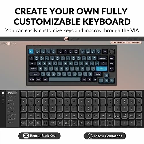 Customizable keyboard with options for remapping keys and macro commands.