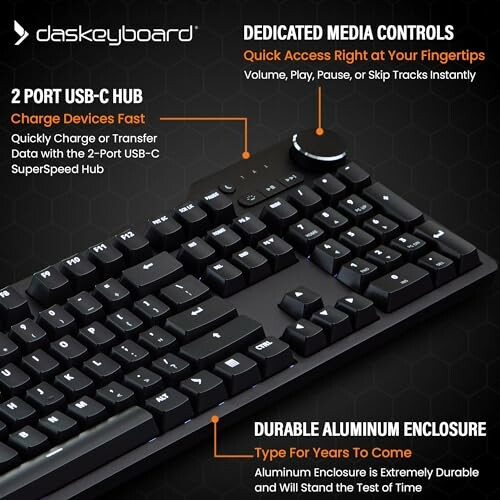 Das Keyboard with USB-C hub and media controls.