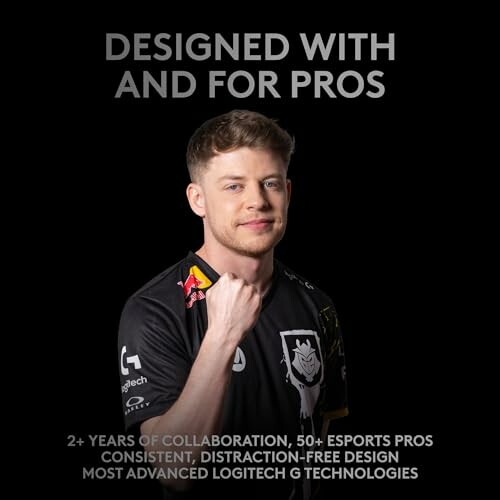 Esports player promoting Logitech gear with text about design for pros.