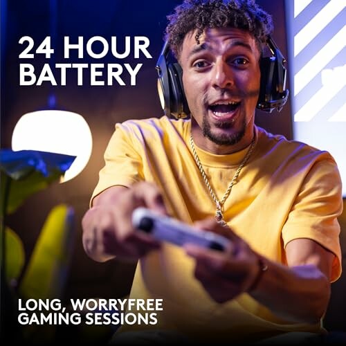 Man gaming with headset and controller, promoting 24-hour battery life.