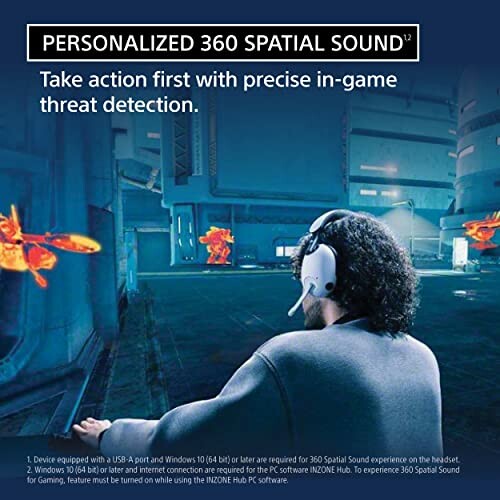 Gamer using headset with 360 spatial sound in futuristic setting.