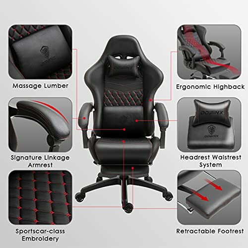 Gaming chair with ergonomic design, massage lumbar, and retractable footrest.