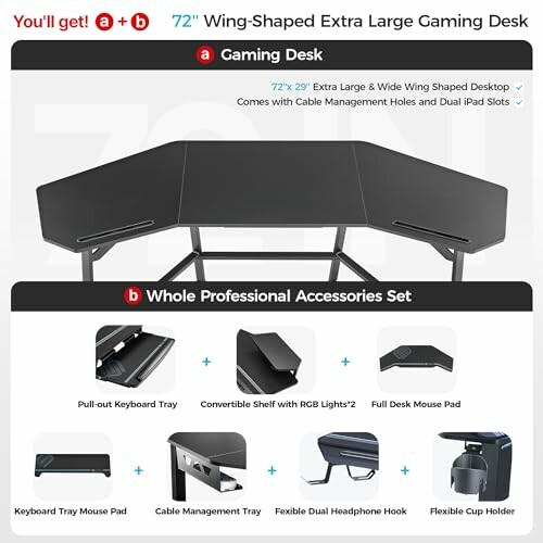 Wing-shaped gaming desk with accessories including keyboard tray, RGB lights, mouse pad, cable management, headphone hook, cup holder.