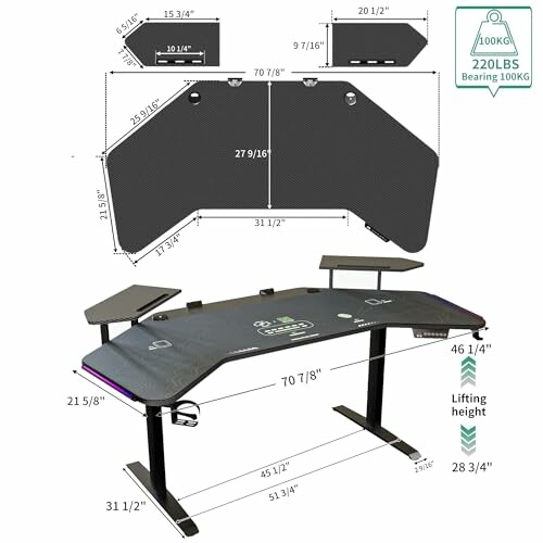 Gaming desk with detailed dimensions and weight capacity.