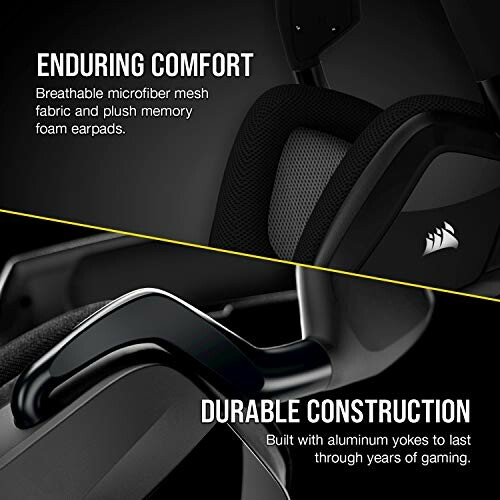 Gaming headset with microfiber mesh and aluminum yokes.