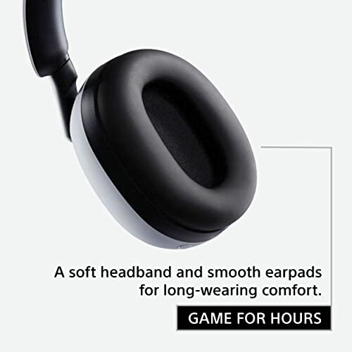 Close-up of a gaming headset with soft headband and smooth earpads for comfort. Text reads 'Game for hours'