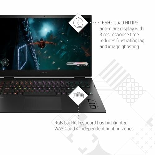 Gaming laptop with 165Hz Quad HD IPS display and RGB backlit keyboard.