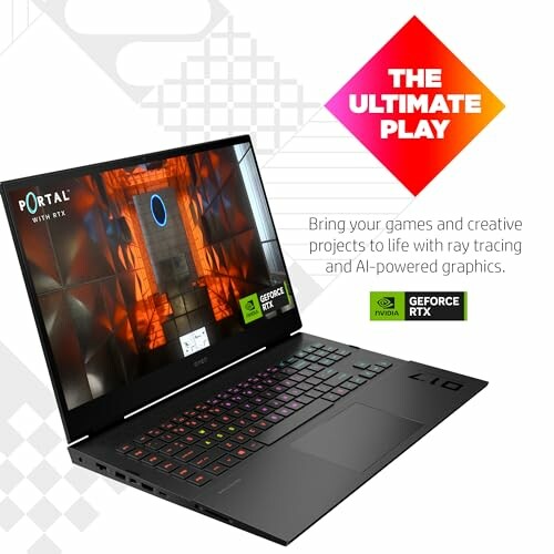 Gaming laptop with GeForce RTX, showcasing Portal with RTX on screen.