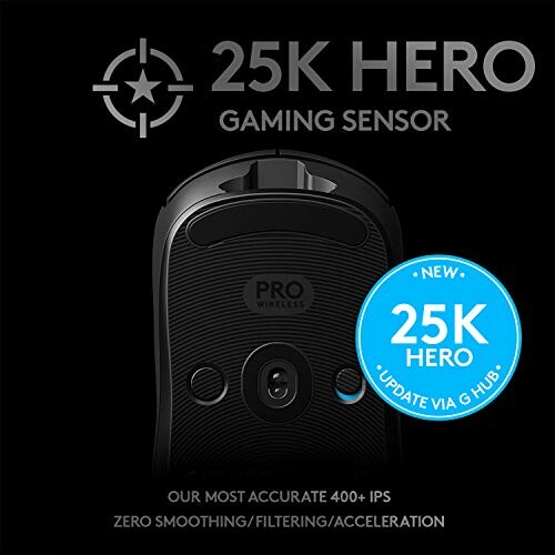 Gaming mouse with 25K HERO sensor and PRO Wireless label.