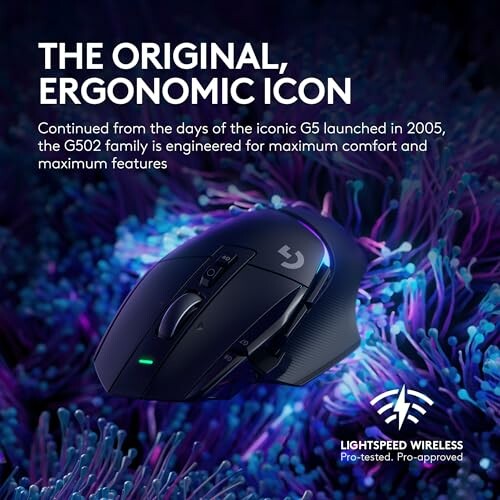 Ergonomic wireless gaming mouse on colorful background.