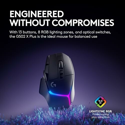 Gaming mouse G502 X Plus with RGB lighting and 13 buttons.