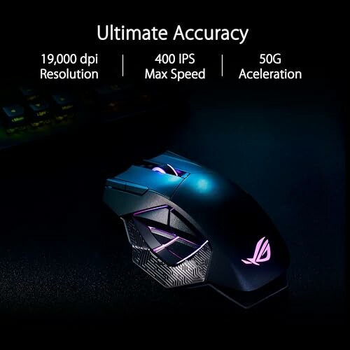 Gaming mouse with 19000 dpi, 400 IPS max speed, 50G acceleration