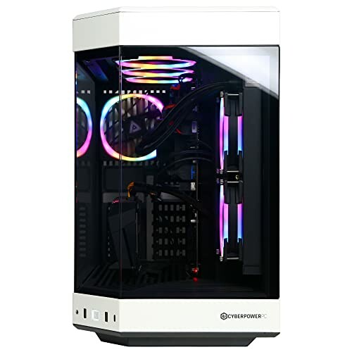 Gaming PC with RGB lighting and glass panel.