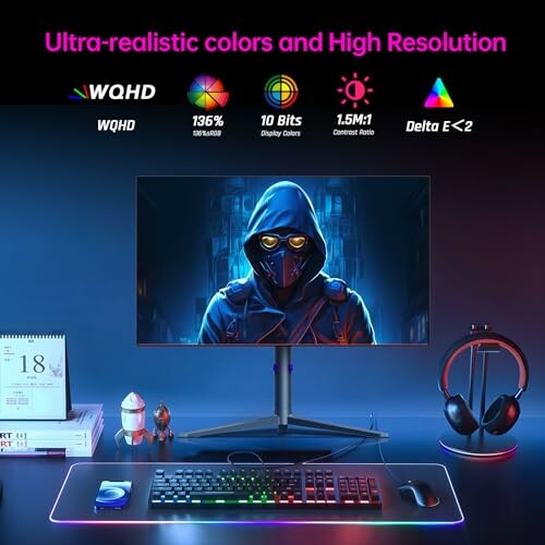 High-resolution gaming setup with monitor, keyboard, and headphones