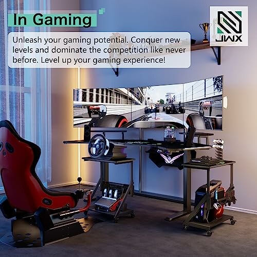 High-tech racing simulator setup with gaming chair and curved screens.