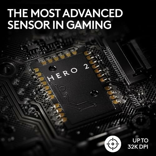 Close-up of HERO 2 gaming sensor chip on circuit board with text 'The Most Advanced Sensor in Gaming' and 'Up to 32K DPI'.