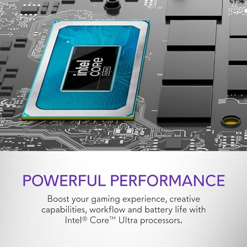 Intel Core processor on a circuit board with text about powerful performance.