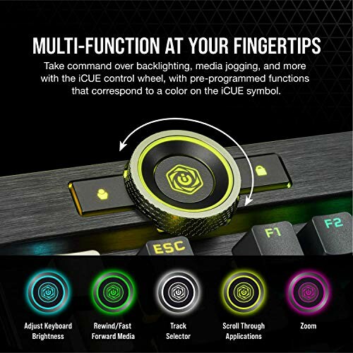 Keyboard with multi-function control dial and icons for brightness, media control, track selector, scrolling, and zoom.