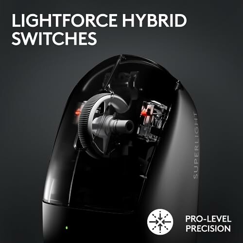 Close-up of a black mouse with lightforce hybrid switches and pro-level precision.