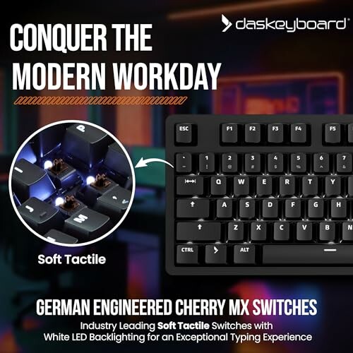 Mechanical keyboard featuring Cherry MX switches with soft tactile feedback.