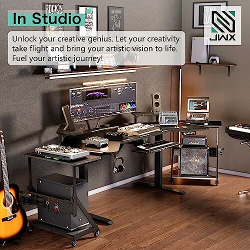 Modern music studio setup with instruments and equipment.