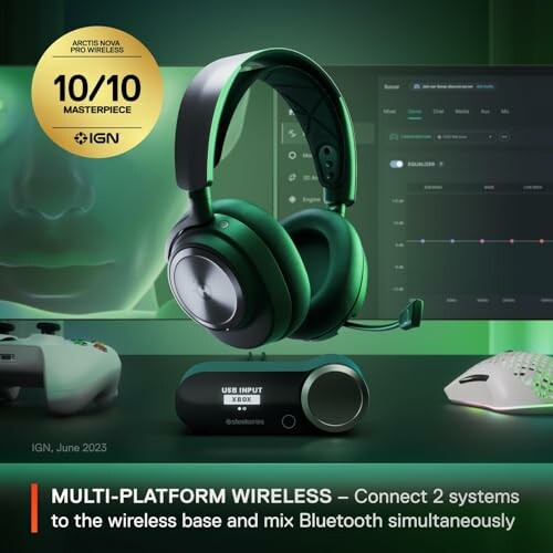 Wireless gaming headset with dual system connectivity and Bluetooth mixing.