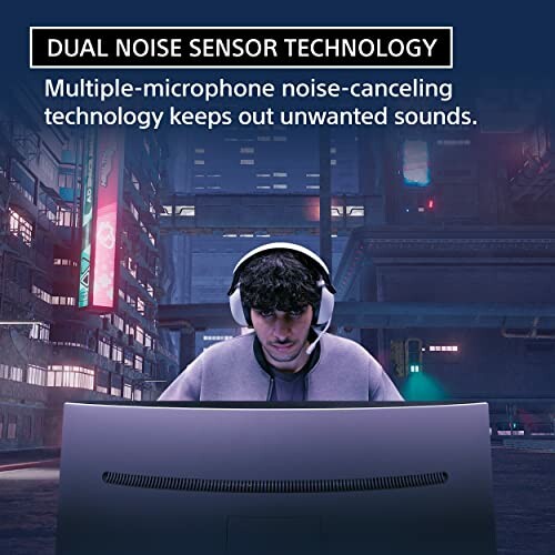 Person wearing headphones at a computer with noise-canceling technology.