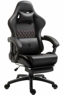 Black racing-style gaming chair with armrests and footrest.