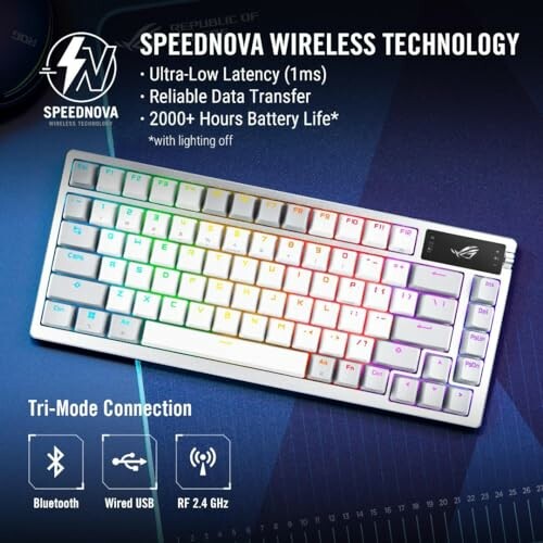 Wireless keyboard with RGB lighting and Speednova technology.