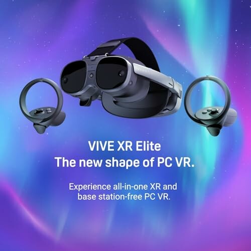 HTC Vive XR Elite with Deluxe Pack and controllers on a colorful background