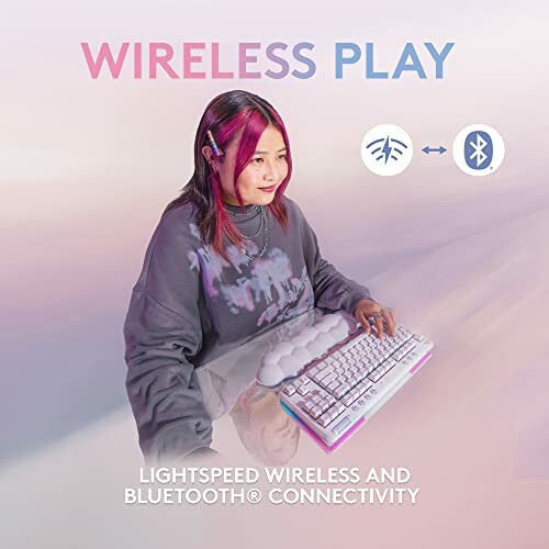 Person using wireless keyboard with connectivity icons